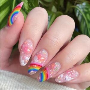 Acrylic Medium Almond Tip Rainbow Bubble Heart Clouds Manicure Nail Professional